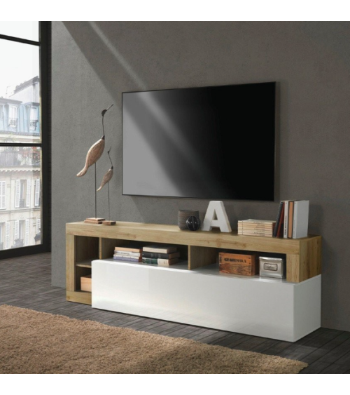 Meuble TV HAMBOURG – Blanc laqué brillant / Chêne Cadiz